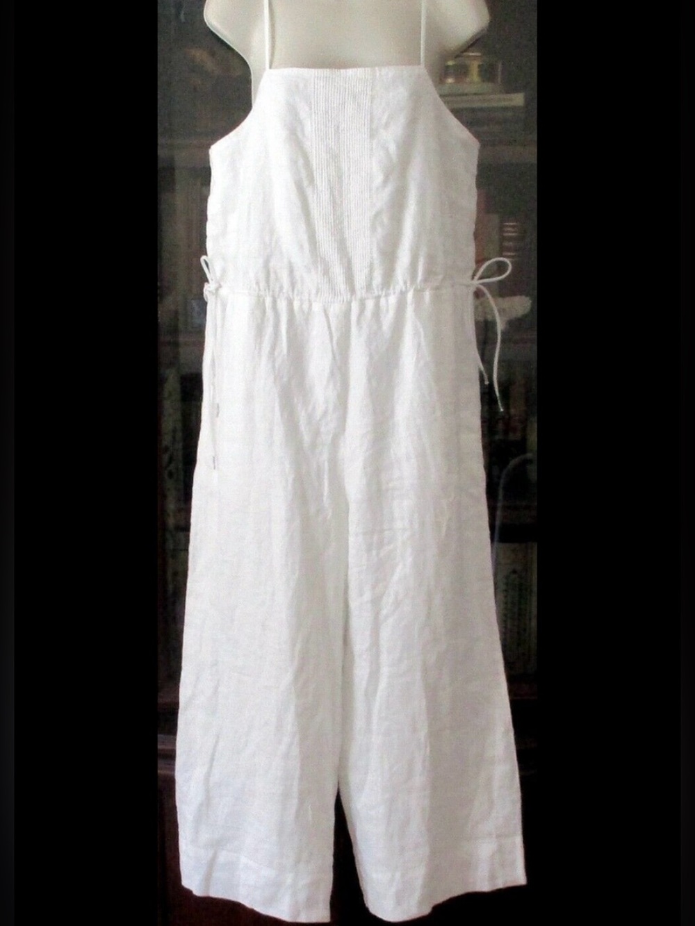 Magaschoni White Linen Open Needlework Pintuck Wide Leg Jumpsuit,M